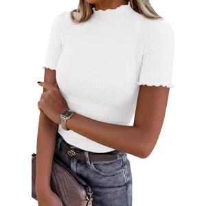 PRETTYGARDEN Short Sleeve T Shirts for Women Summer Clothes 2026 Casual Spring Tops Ruffle Mock Neck Ribbed Fitted Basic Tees (White,Medium)