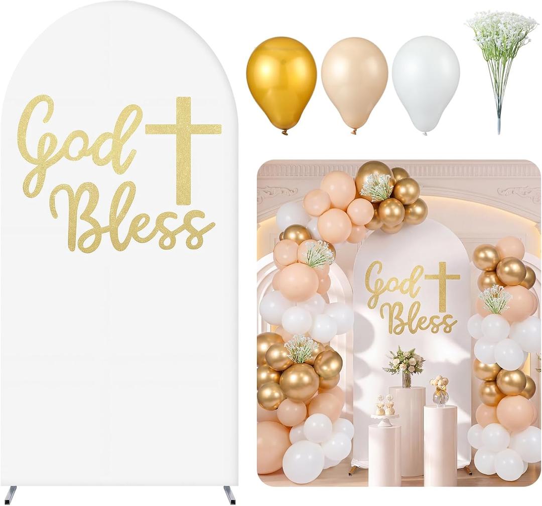 Gilprop 7.2ft Baptism Elastic Polyester Arch Cover Christening Baby Shower Balloon Garland Arch Kit Balloon Baptism Party for Celebration Photography Backdrop(141 Pcs,God Bless)