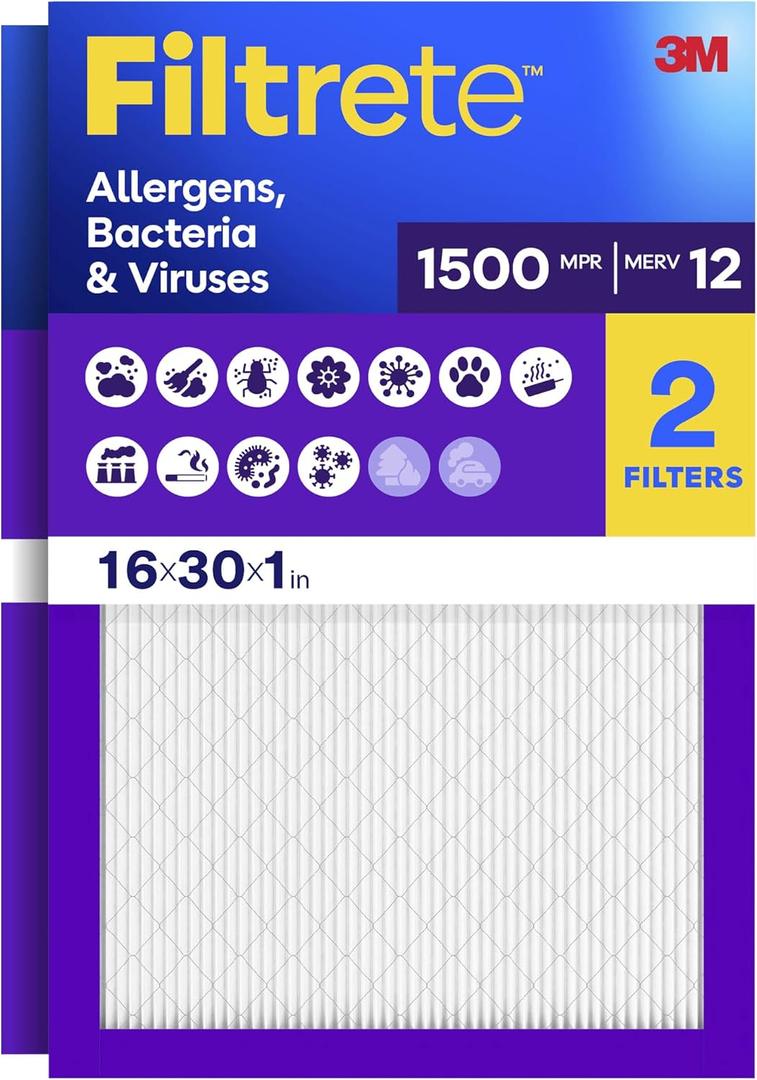 Filtrete 16x30x1 Air Filter, MERV 12, MPR 1500, Allergens, Bacteria & Viruses, 3-Month AC and Furnace Filters, Cleaner Air, Reliable Airflow, 2 HVAC Filters (Actual Size 15.81 x 29.81 x 0.78 in)