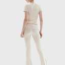 PUMIEY Women's 2 Piece Lounge Sets Short Sleeve Tops Fold-Over Flare Pants Casual Outfits Matching Set Nap Collection (Beige, S)