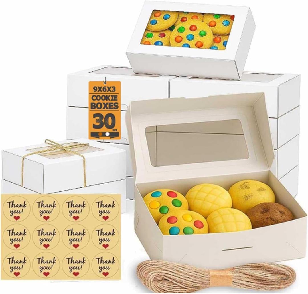 30 Pack Treat Boxes for Desserts - Cookie Boxes with Window for Gift Giving – 9x6x3 Inches Small Cookie Containers for Strawberries, Cupcake, Candy, Charcuterie, Pastry, Donuts, Baked Goods (White)