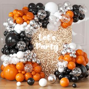 Orange and Black Balloons Arch Kit 164pcs Orange Black White and Chrome Silver Confetti Balloons for Baby Shower Graduation Halloween Fall Themed Birthday Party Decorations