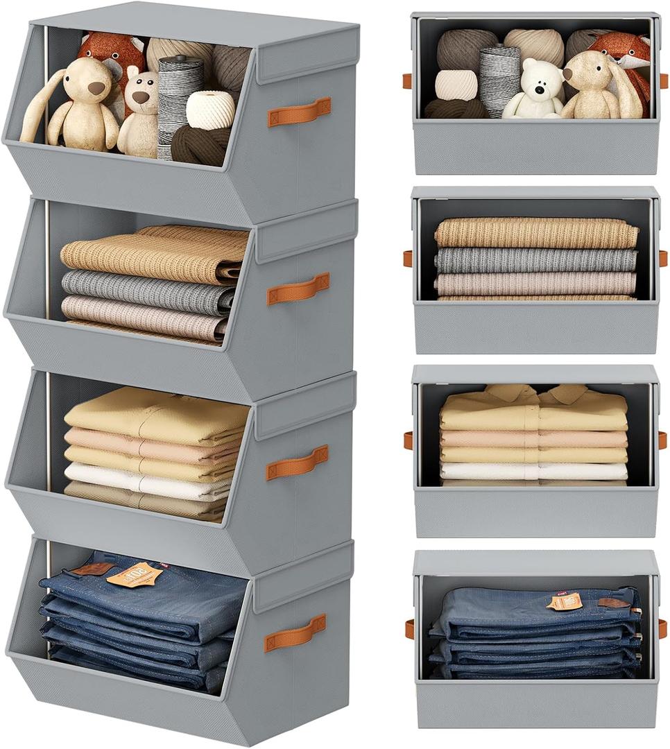 Stackable Closet Organizers and Storage Bins, Open Front Closet Shelf Organizer System With Steel Frame, Clothes Storage Basket Fabric, Collapsible Closet Drawers for Wardrobe, Nursery ,Toy, 4 Pack 11.4 x 12.6 x 9.8