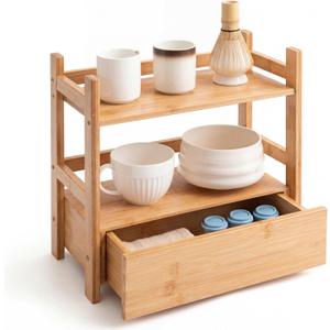 Chunful 2 Tier Matcha Station Bamboo Organizer with Hidden Drawer, Wood Home Coffee Station Organizer for Kitchen Countertops, Coffee Bars, Kitchen & Office Storage(13 L x 6.5 W x 12.6 H)(Natural)