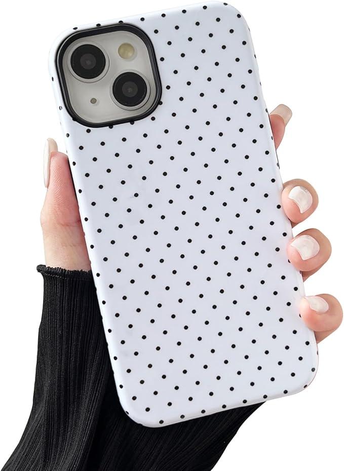Compatible with iPhone 13/14 Case, Fashion Cute Polka Dot Pattern Aesthetic Design for Women, Soft TPU and Hard Back Shockproof Phone Case for iPhone 13/14 6.1 inch, White