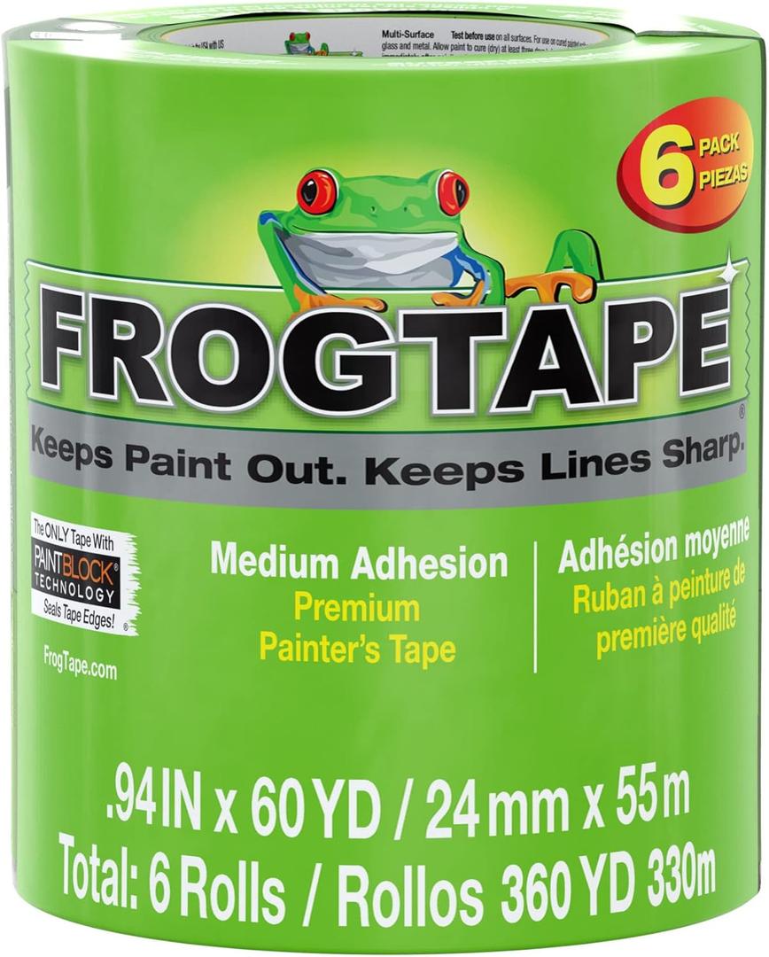 FrogTape Multi-Surface Painters Tape with PAINTBLOCK, 1 Inch Wide (0.94 In. x 60 Yds), Medium Adhesion, Green, 6 Rolls (240659)