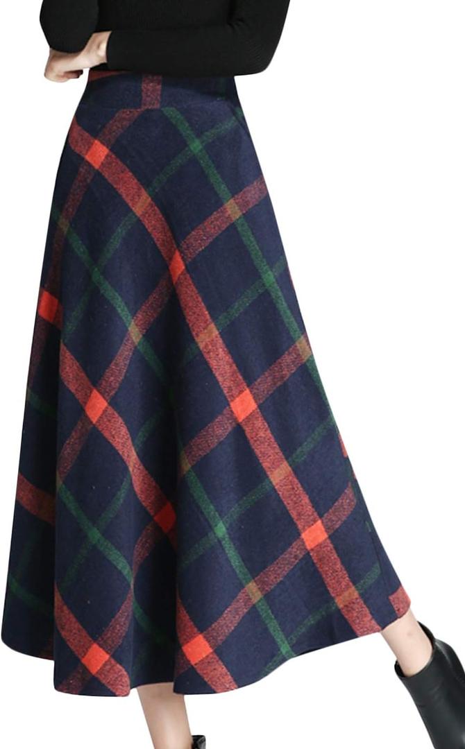 Tanming Women's Winter Warm Elastic Waist Wool Plaid A-Line Pleated Long Skirt (Medium)