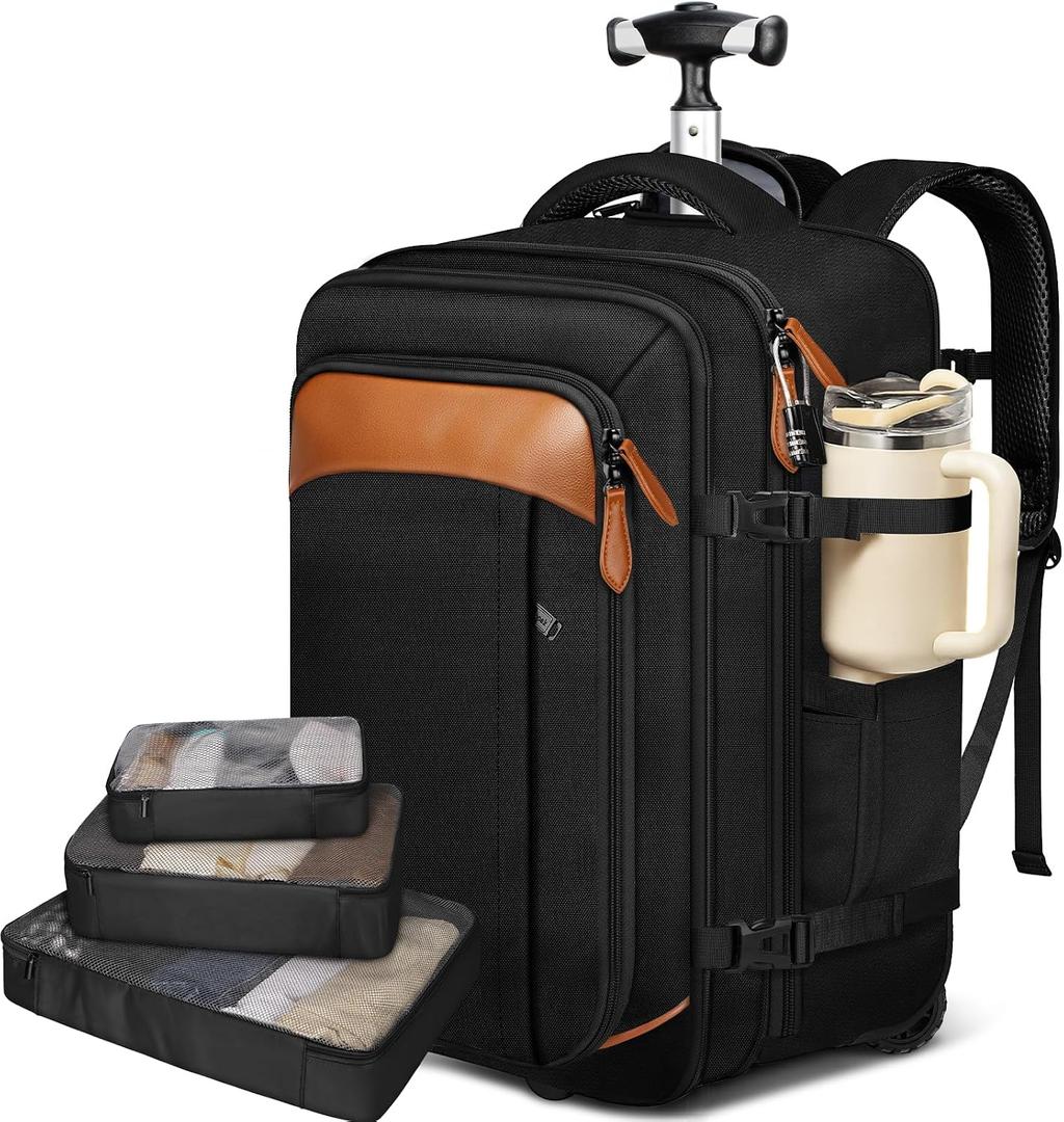 Vancropak Travel Backpack with Wheels, 17 inch Carry On Flight Approved Wheeled Laptop Backpack with 3 Packing Cubes, Expandable Water Resistant Lightweight Roller Backpack for Business, Black Brown