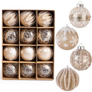 12 PCS Christmas Ornaments Set, 3.15-Inch Glitter Christmas Hanging Balls, Decorative Hanging Ornament Decorations, Xmas Shatterproof Plastic Balls for Holiday Party Wreath Garlands Trees, Beige (Champagne)