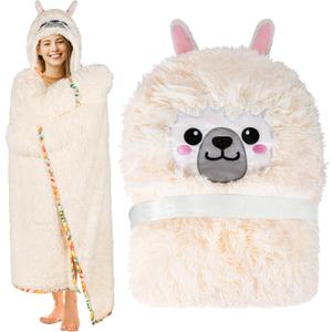 Llama Alpaca Wearable Hooded Blanket for Adults - Fluffy Super Soft Shaggy Faux Fur, Fuzzy Warm Cozy Plush Furry Fleece & Sherpa Hoodie Throw Cloak Wrap - Llama Gifts for Women Adults and Kids (Cream)