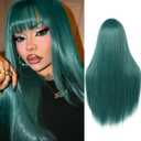 WIGER Long Green Wigs with Bangs Straight Dark Green Hair Wig for Women Long Bangs wig Full Cosplay Wig for Girls Synthetic Natural Hair for Daily or Costumes (Green with Bangs)