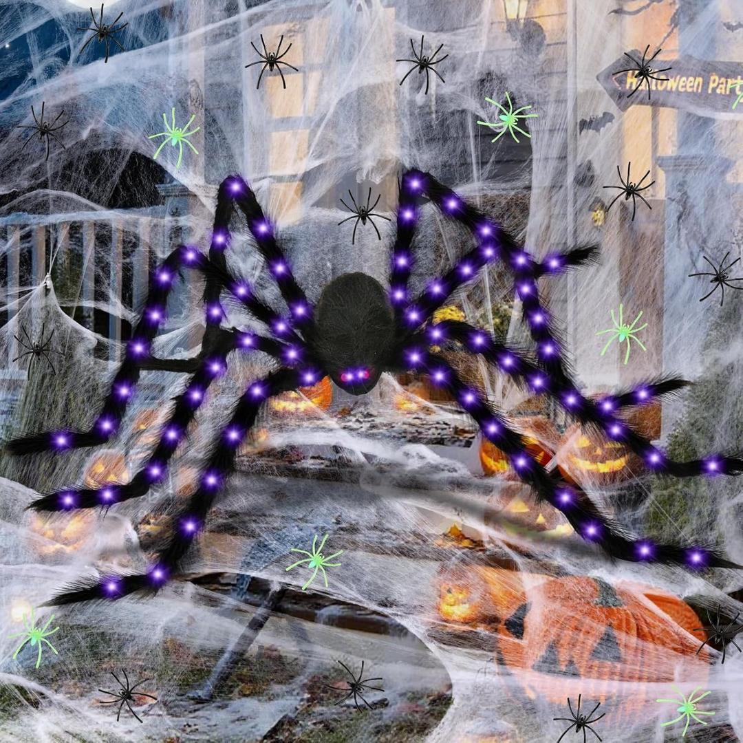 Yinhua Lighted Halloween Decorations 78" Giant Light Up Spider Halloween Decor 700 Sqft Super Stretchy Spider Web Decoration with 30 Extra Small Fake Spiders Large Cobwebs for Indoor and Outdoor