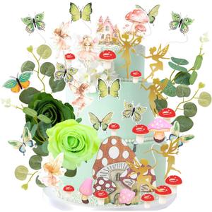 2 x Gyufise 60 Pack Fairy Cake Toppers Butterfly Cake Picks Mushroom Door Flowers Cake Decoration Fairy Garden Topper for Girl Party Birthday Baby Shower Supplies Green