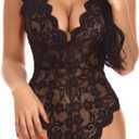 Buitifo Women Lace Bodysuit One Piece Babydoll Backless Mini Teddy V Neck Lingerie (L)