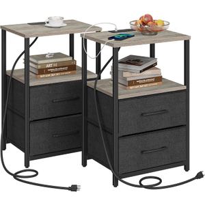 TUTOTAK End Table with Charging Station, Side Table with 2 USB Ports and Outlets, Nightstand with Cloth Drawer, Set of 2, Couch Table, Greige TB01BG052