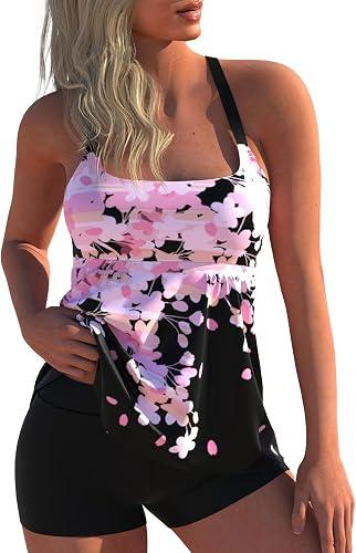 Two Piece Tankini Swimsuits for Women, Modest Coverage Print Bathing Suits, A-line Tank Top with Boyshorts M