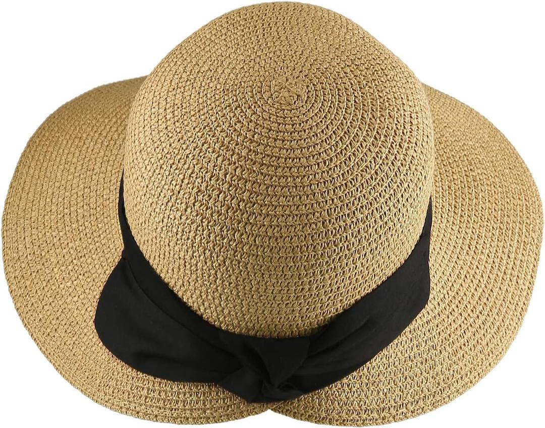 Surblue Womens Straw Sun Hat Wide Brim Foldable Panama Roll up Cap Fedora Beach Sun Hat UPF50+ (One Size, Coffee)