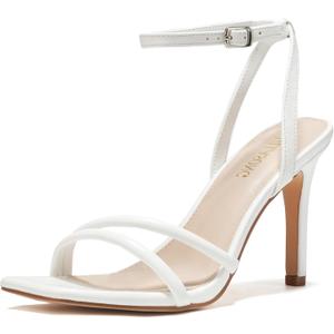 Women's Heels Strappy Ankle Strap High Heels 3.5 Inch Heeled Square Open Toe Sandals for Women (10, White)