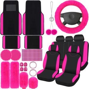 Woanger 47 Car Seat Cover Full Set for Women Included Car Front Rear Seat Fluffy Steering Wheel Cover Belt Automotive Floor Mats Air Conditioner Decoration Strip Universal(Rose Red)
