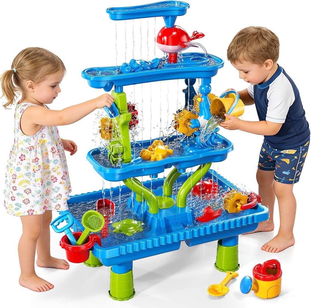 Sand Water Table, 4-Tier Rectangular Sand and Water Table for Toddlers 1.5+, Outdoor Splash and Play Activity Set for Boys and Girls Ages 2 3 4 5 6 7 8 Years, Indoor Outdoor Water Play Sensory Toys