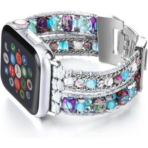 Boho Beaded Bracelet Compatible with Apple Watch Band for Women Men - Handmde Natural Stone Leather Multilayer Wrap Apple Watch Strap iWatch Band Series 11 10 9 8 7 6 5 4 SE 3 2 1 Ultra 2 3 (Silver, 38mm/40mm/41mm)