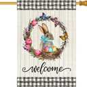 Baccessor Tulip Wreath Bunny Easter House Flag Eggs Buffalo Plaid 28 x 40 Inch Large Yard Flag for Outside Double Sided Burlap Spring Holiday Outdoor Easter Decoration (Multi)