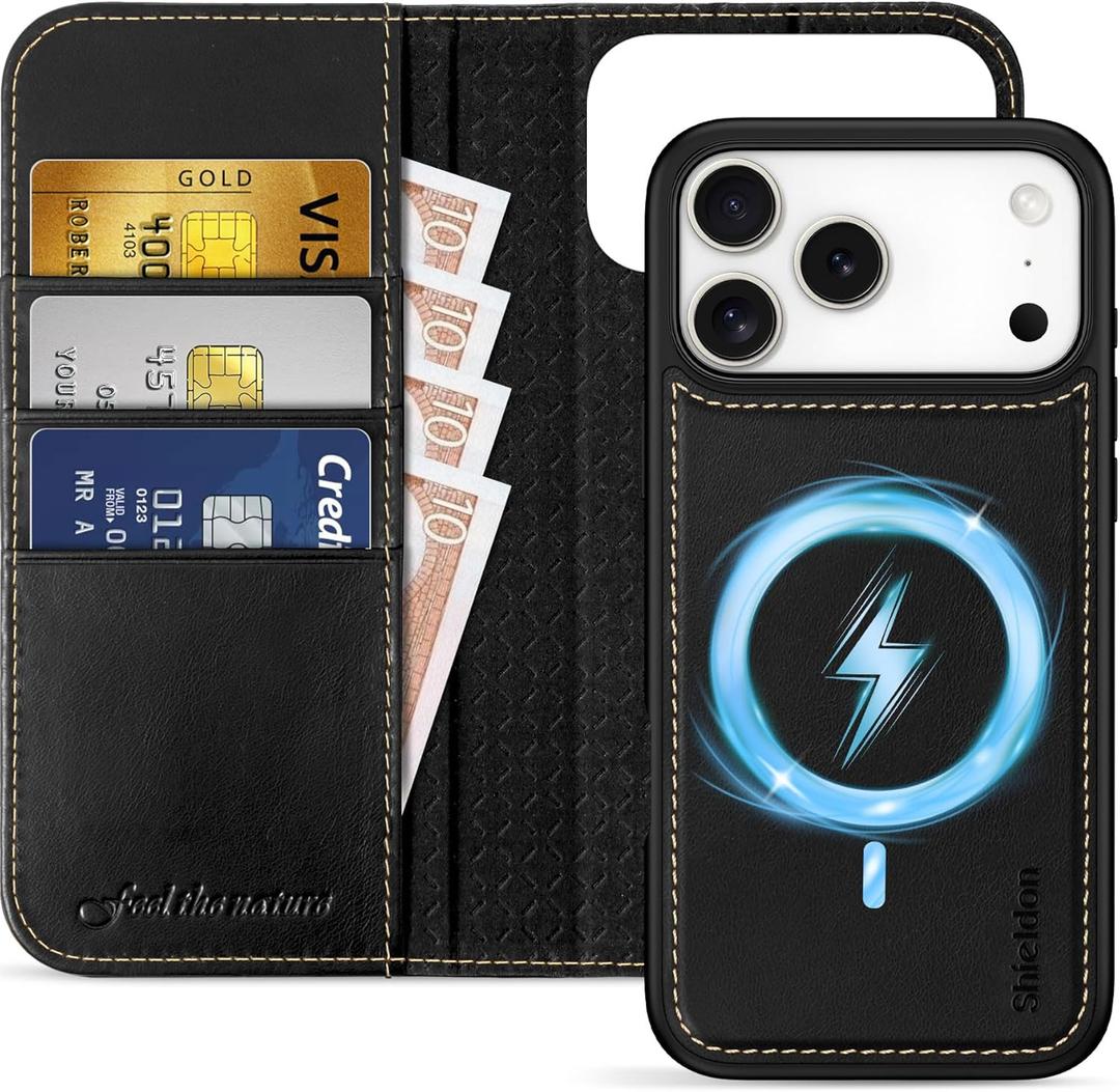 SHIELDON Removable Wallet Case for iPhone 17 Pro Max 6.9-inch 2025 | Genuine Leather | Folio Magnetic Cover | Wireless Charging | RFID Blocking Credit Card Holder | Kickstand | Solid Black