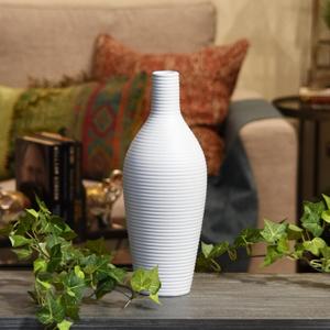 Ceramic Bottle Short Neck, Ribbed Design Body and Tapered Bottom SM Matte Finish White Vase