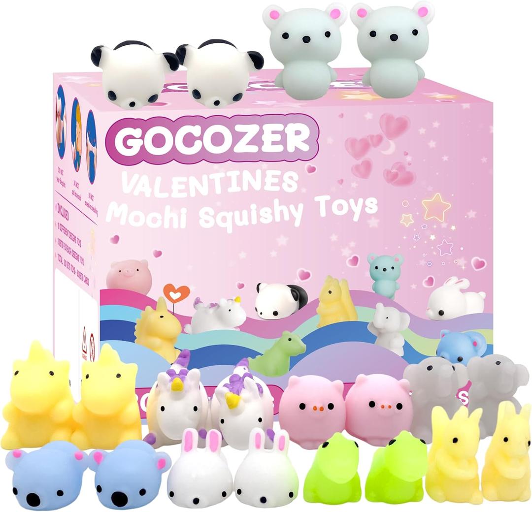 30 Packs Valentine's Day Cards with Mochi Squishy Toys, Mini Kawaii Stress Relief Squishy Toys Sets for Kids, Valentine's Day School Classroom Prizes, Valentines Exchange Gifts