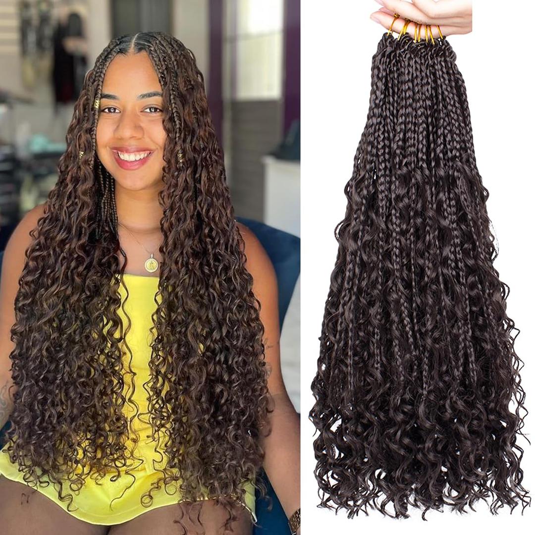 COOKOO 8 Packs Goddess Box Braids Crochet Hair 18 Inch Bohemian Hippie Box Braids Crochet Hair with Curly Ends Synthetic Crochet Braiding Hair for Women 4#
