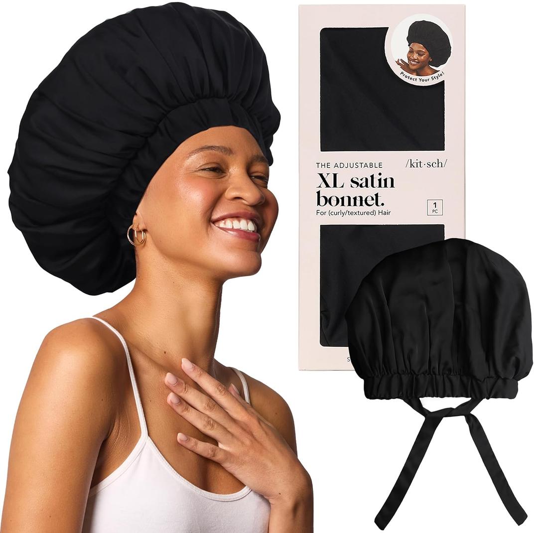 Kitsch XL Satin Bonnet for Sleeping - Softer Than Silk Hair Bonnet For Women - Secure Fit, Adjustable Night Cap For Curly & Textured Hair - Prevents Breakage, Tangles & Thinning - Black