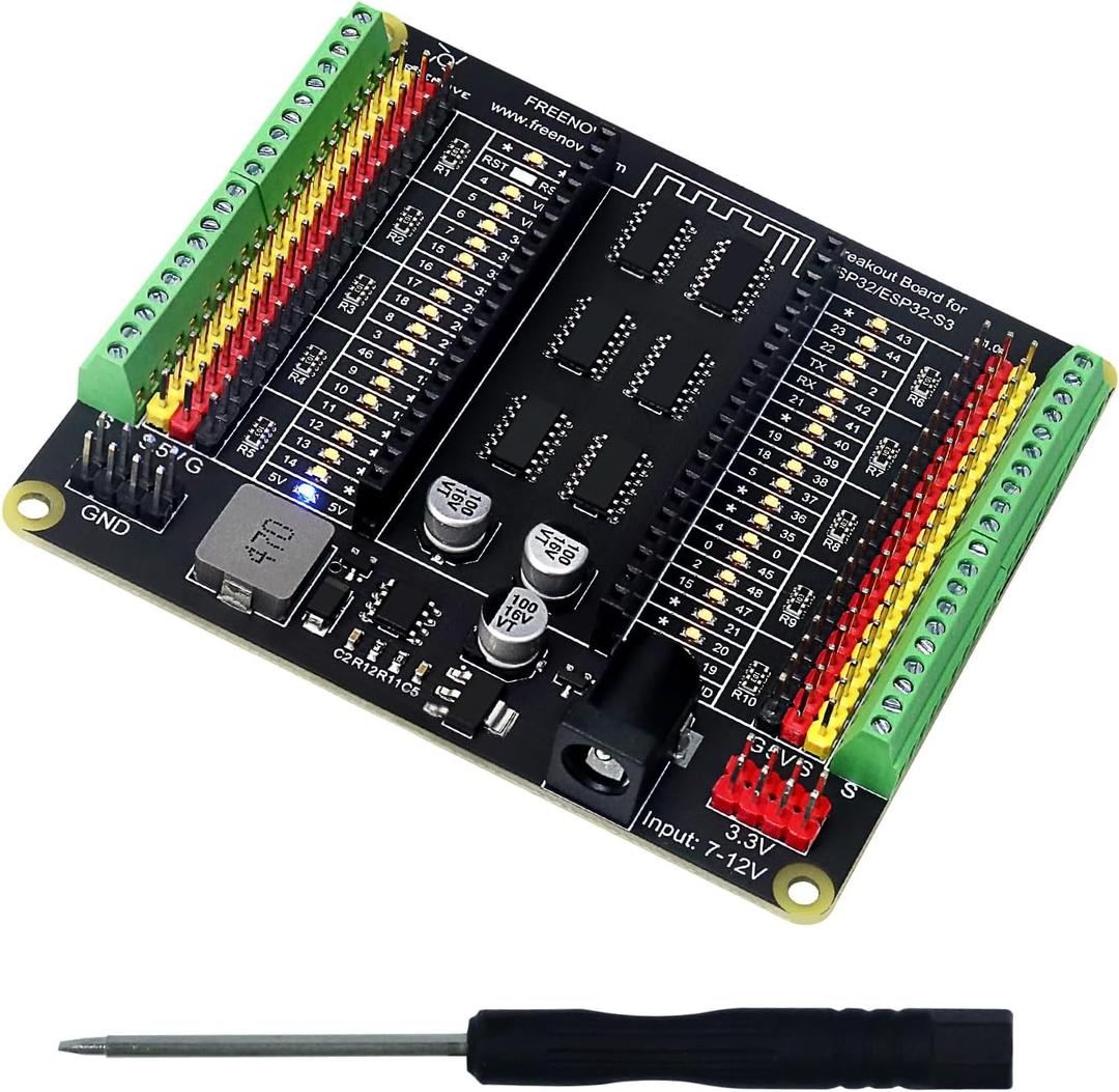 Freenove Breakout Board for ESP32 / ESP32-S3 WROVER WROOM, Terminal Block Shield HAT with Pin Header, 5V 3.3V Power Outputs, GPIO Status LED