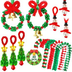 AWHETIE Christmas Crafts for Kids and Adults, 40 Sets Beaded Ornament Kit with 20 Wreaths with Bell, 5 Snowman, 5 Trees, 10 Candy Canes, Holiday Decorations