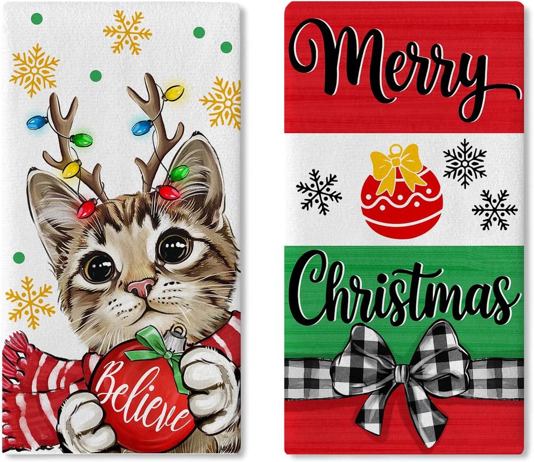 Merry Christmas Tabby Cat Kitchen Dish Towels Set of 2, Xmas Ball Believe Snowflake Drying Hand Towel Baking Cooking Cloth, Winter Holiday Bathroom Home Decoration Pet Owner Lover Gift 18x26 in