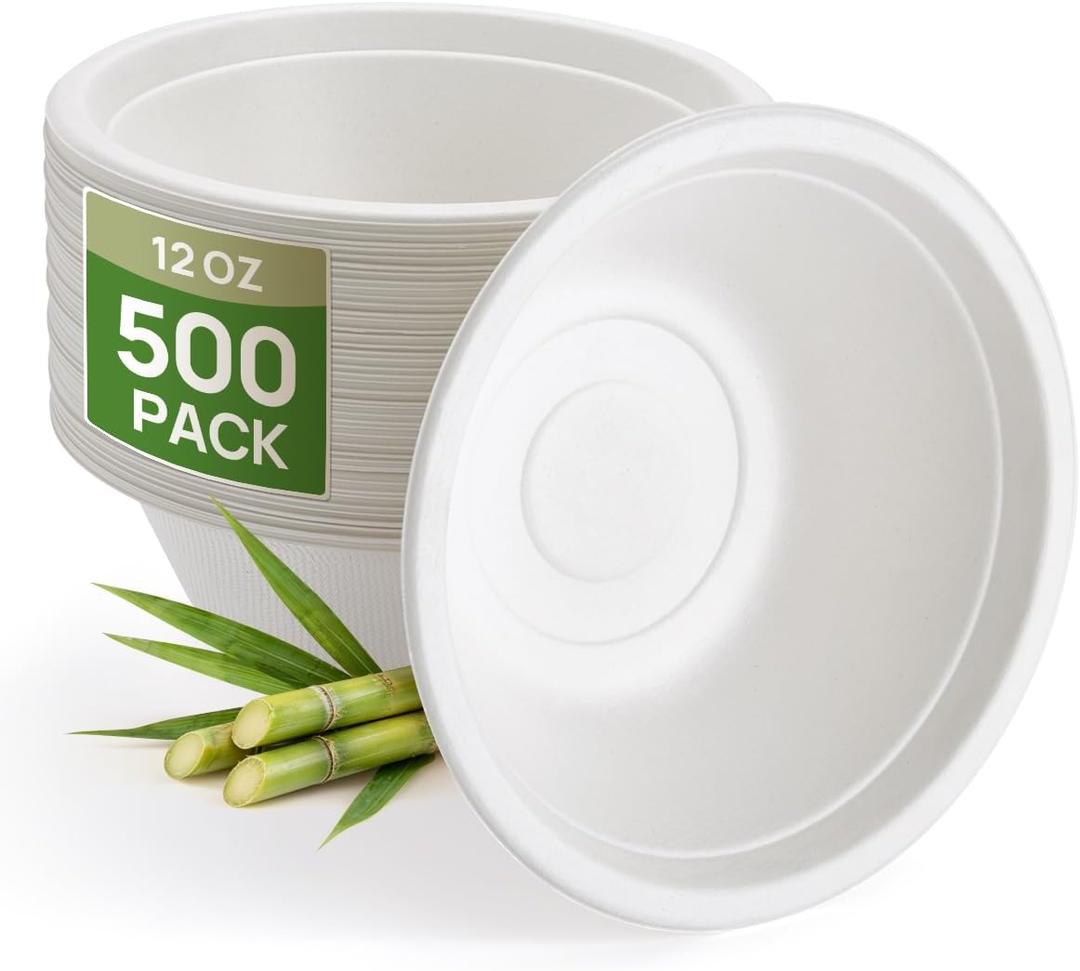 Goodluck 500 Pack White 12 oz Compostable Deep Bowls, Heavy Duty Bagasse Disposable Paper Bowls, Microwave Safe Sugarcane Fiber Bowls for Soup, Salad, Cereal & Meal Prep
