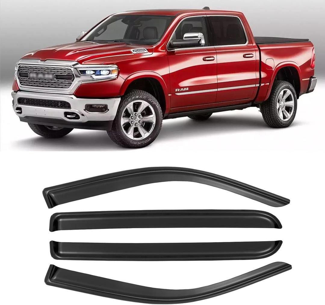 Window Rain Guards for 2019-2025 Dodge Ram 1500 Crew Cab(New Body Style), Tape-on Window Visors Wind Deflectors Shade Vent Sun Visors Rain Shields 2020 2021 2022 2023 2024, 4PCS