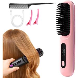 Go Brush Pro 2026, Portable Straightener Brushs for Travel, with LCD Temperature Display, Fast Heating Cordless Mini Hair Brushs (Pink)