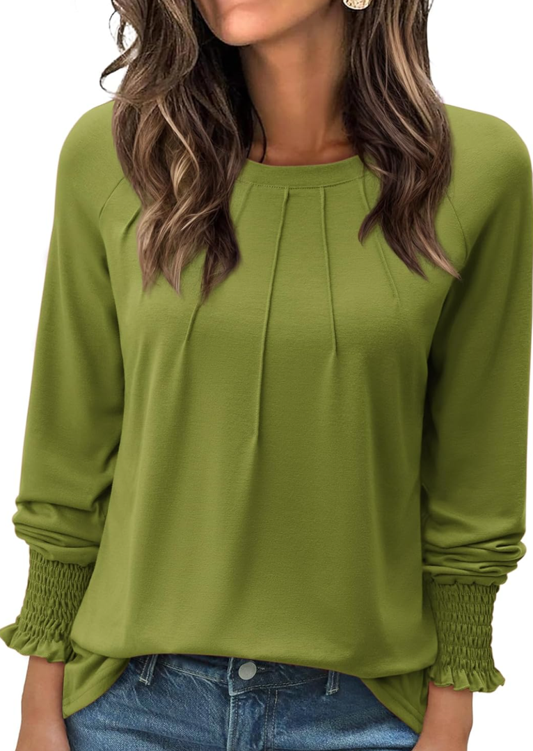 Womens Tunic Tops Long Sleeve, Spring Womens Blouses and Tops Casual Fashion 2025 Crew Neck Ladies Business Attire Dressy Shirts Formal Work Clothes for Office Loose Fit Basic Clothes Green Yellow XL