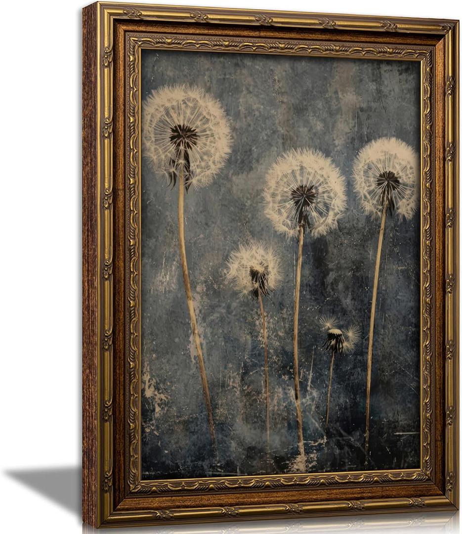 Vintage Gold Framed Dandelion Wall Art Moody Cottagecore Dandelion Painting Canvas Print Gothic Dark Plant Print Poster Wall Decor Retro Moody Plant Floral Poster Artwork for Bedroom Living room
