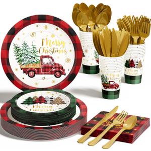 Christmas Party Decorations Supplies - 175 PCS Christmas Xmas Disposable Dinnerware Set(25 Guest) with Buffalo Plaid Truck Tree Paper Plates Napkin Cup Plastic Fork Knives Spoon for Holiday Decor
