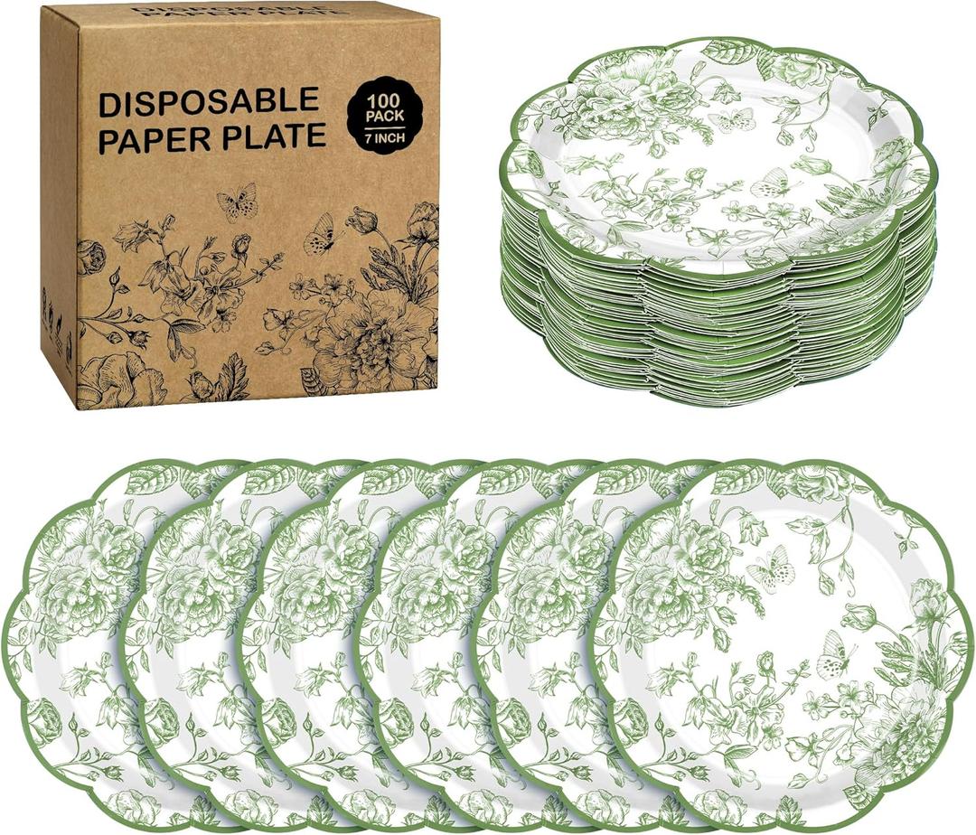 Kochorie 100 Pieces Sage Green Flower Paper Plates 7 Inches Disposable Floral Paper Plate Scalloped Sage Green Chinoiserie Vintage Flower Dessert Plates for Wedding Birthday Holiday Party Supplies