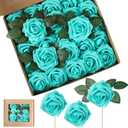 Syhood Artificial Foam Rose Flowers Vintage Fake Roses DIY Bouquets with Leaves and Stems for Wedding Bridal Shower Party Centerpieces Home Romantic Decor(Turquoise,50 Pieces)