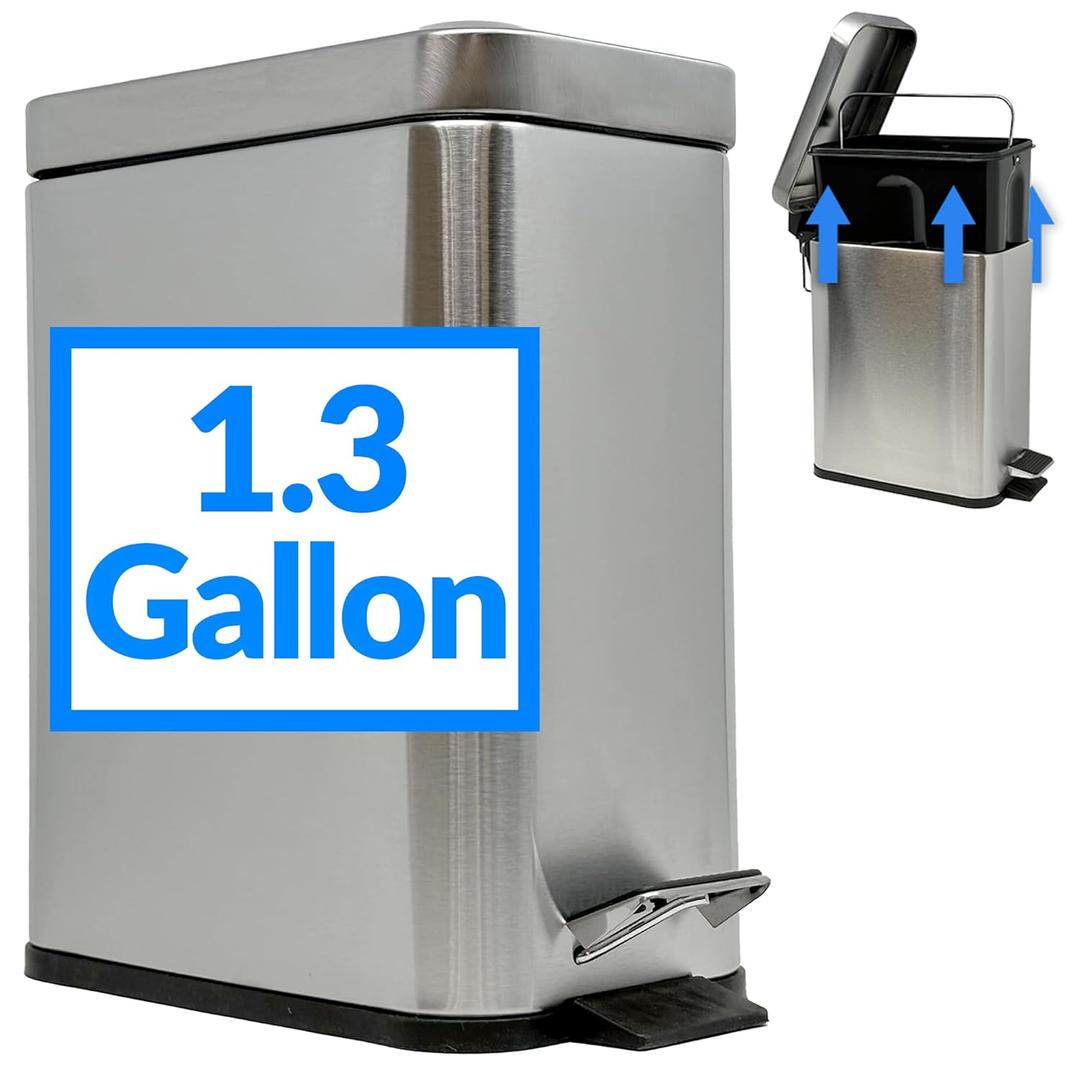 Reli. Small Trash Can with Lid, 1.3 Gallon (5 Liter) | Stainless Steel (Silver) | Small Bathroom Trash Can | Step Pedal Garbage Bin with Removable Bucket, Kitchen | Rectangular Metal Bin