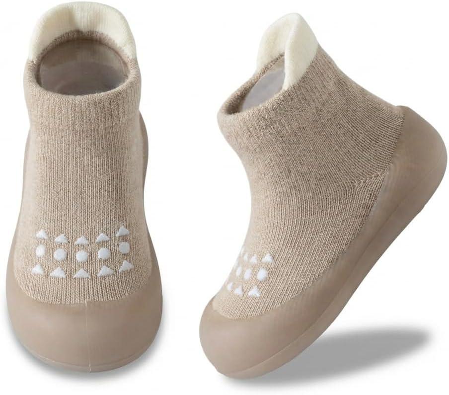 Baby Sock Shoes Toddler Walking Shoes Infant Non-Slip Slippers with Soft Rubber Sole Baby Boys Girls Sneakers (12-18 Months Toddler, Brown)