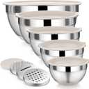 P&P CHEF Mixing Bowl with Lid Set, 5 Piece Stainless Steel Mixing Nesting Bowls for Salad Storage, 3 Grater Attachments & Non-Slip Bottoms, Size 1/1.5/2 / 2.6/4.6 QT, Khaki