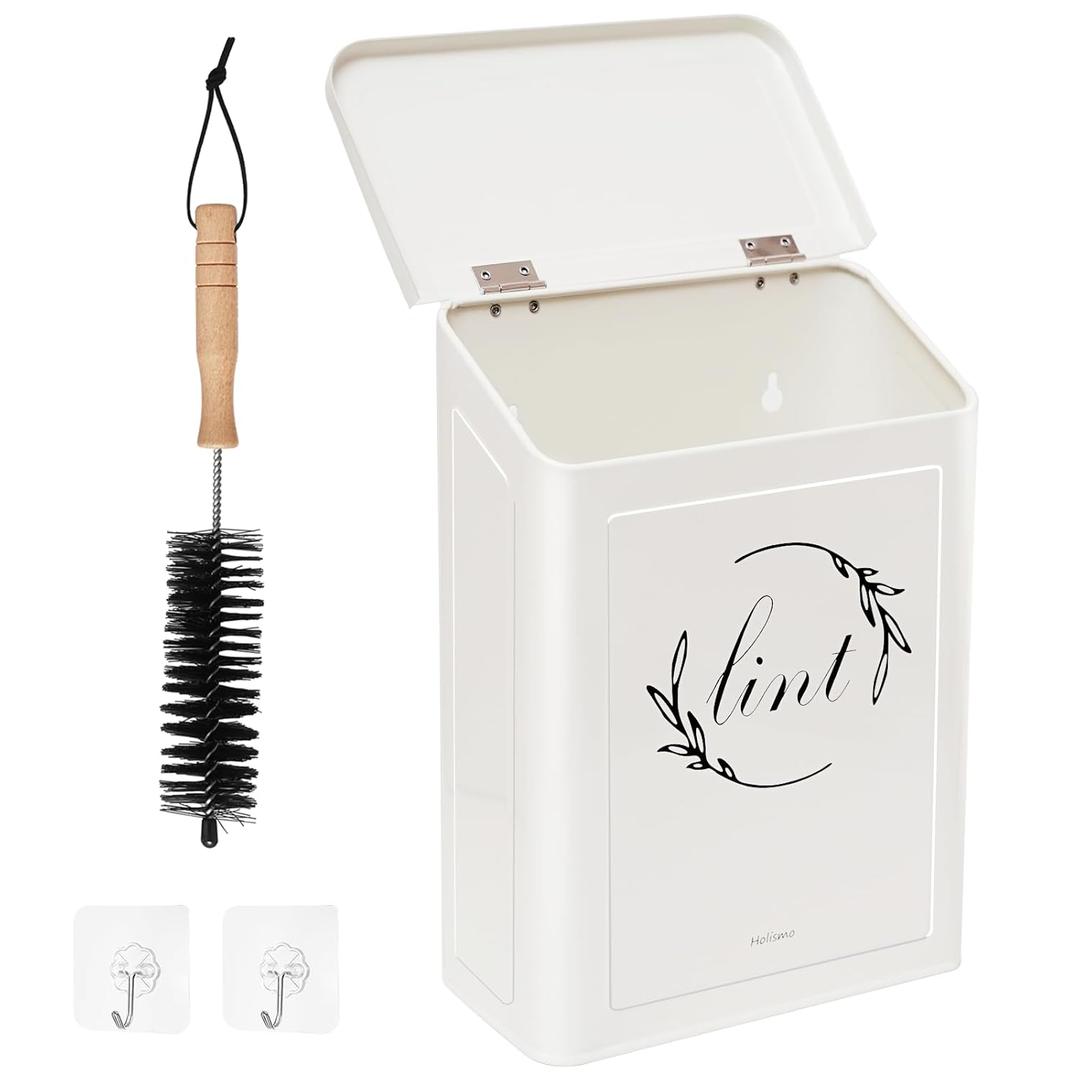 Magnetic Lint Bin for Laundry Room, Metal Lint Trash Can with Lid for Dryer, Wall Mounted Lint Holder Box with Lint Brush, Modern Farmhouse Laundry Room Decor, Cream