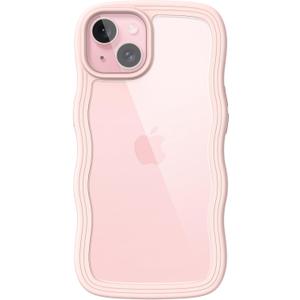 JETech Cute Case for iPhone 15 6.1-Inch, Wave Frame Curly Shape Shockproof Phone Cover for Women and Girls, Clear Hard PC Back (Pink)