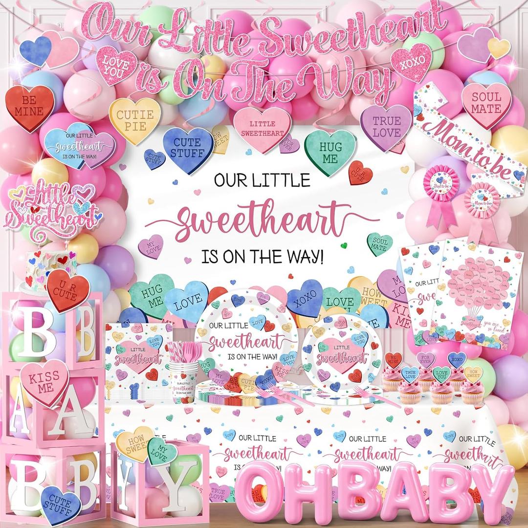 280Pcs Little Sweetheart is On The Way Baby Shower Decorations Valentines Day Decor with Plates Napkins Cups Tablecloth Banner Backdrop Balloon Arch Box Cake Topper for Baby Shower Party