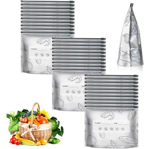 Reusable Aluminum Foil Sealable Storage Bags,30PCS Resealable Vacuum Zipper Pouches for Food, Stand Up Foil Sealable Bags with Label and Zip Lock for Vegetable Fruit Meat