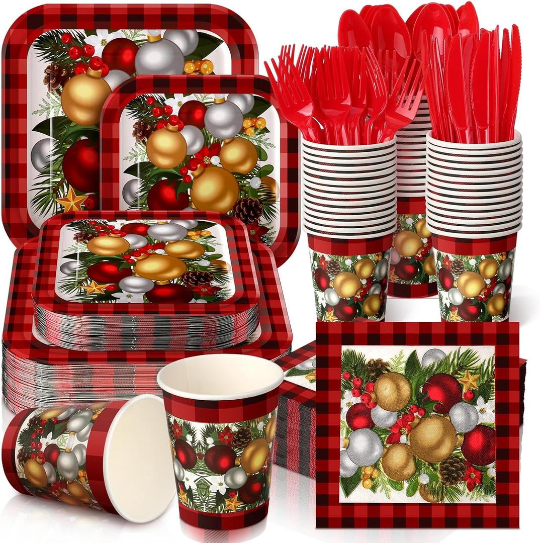 350 Pcs Christmas Paper Plates and Napkins Set 9 Inch 7 Inch Disposable Durable Dinnerware Holiday Xmas Party Supplies Tableware Serve 50 Guest Cups Knife Forks Spoon(Red,Christmas Tree)